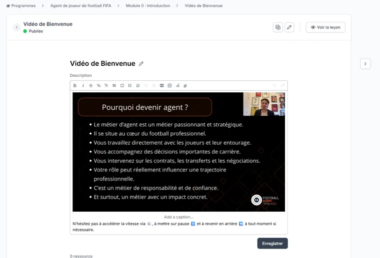 La plateforme Football Agent Training Academy, vidéo de bienvenue