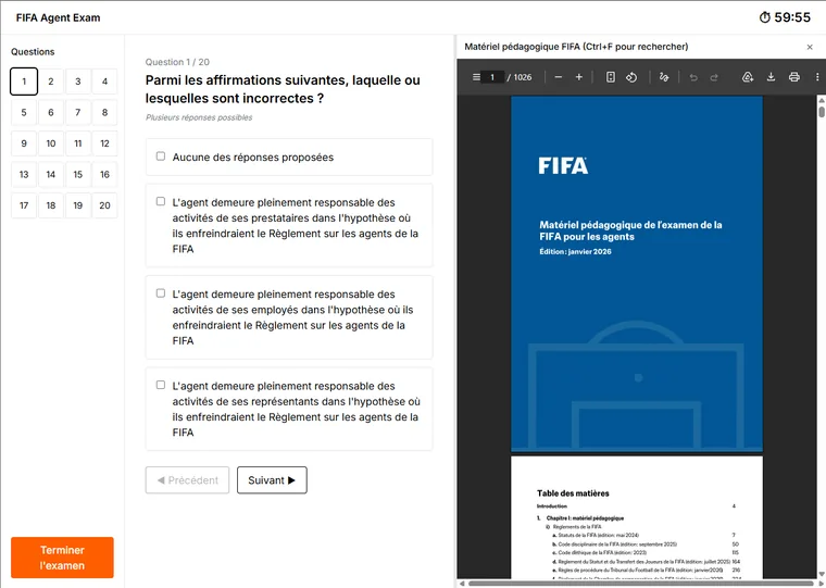 Simulateur d'examen FATA, 20 questions + PDF